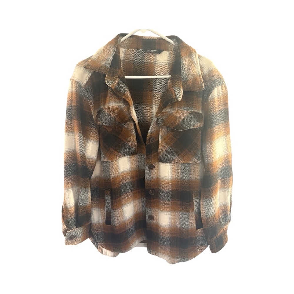 Stylish Plaid Flannel Women’s Small Jacket in Brown and Cream